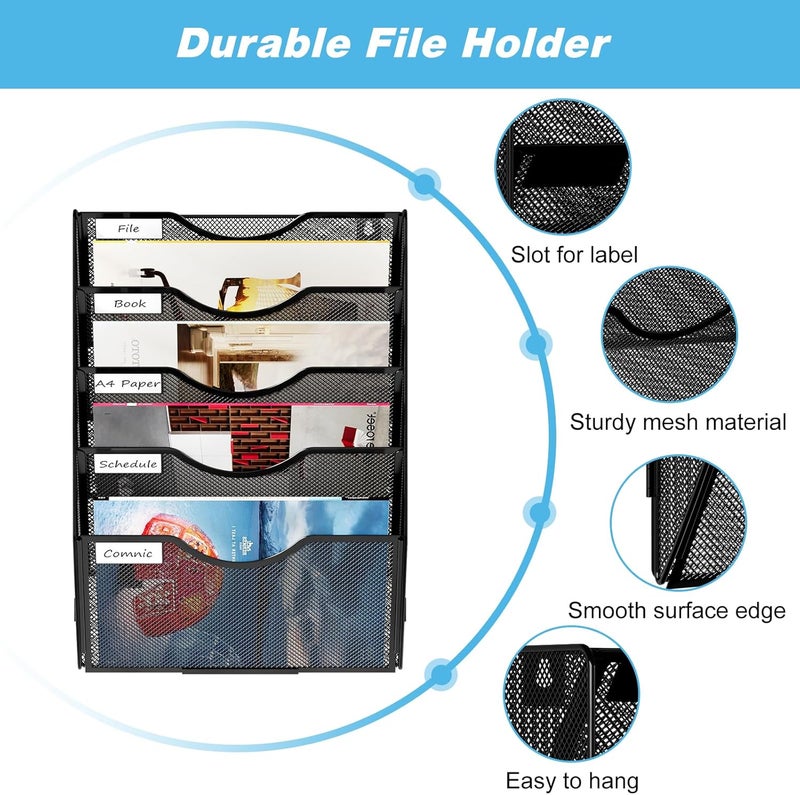 Solinxe Wall Hanging File Holder 5 Pocket Wall Mounted Paper Organizer Magazine File Holder Storage Rack,Black - Image 3